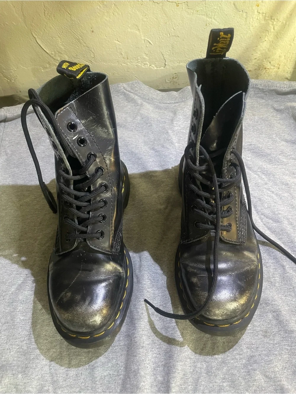 Dr. Martens Black Leather Lace-Up Boots with Yellow Stitching